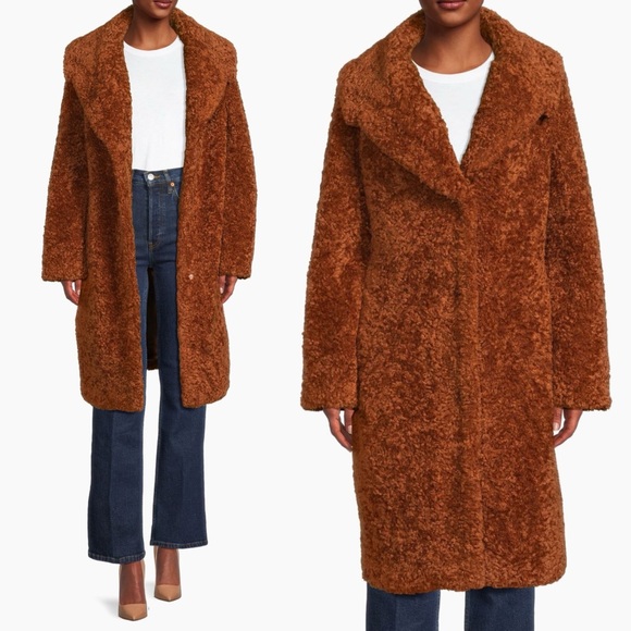 Sam Edelman Shawl Collar Faux Shearling Coat in Cognac Brown Long Teddy XL $240 - Picture 4 of 14